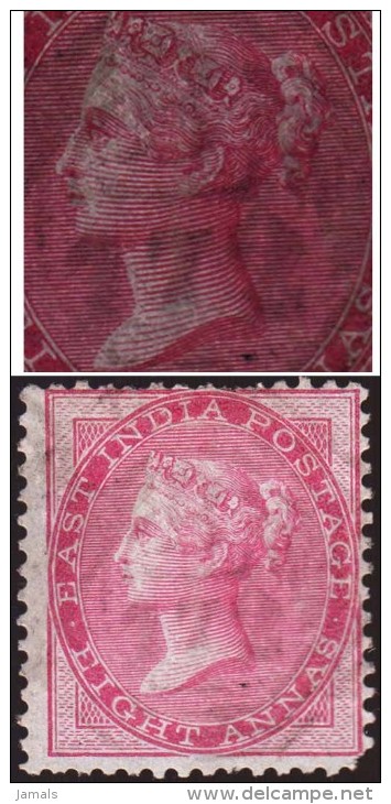 East India Queen Victoria, 1865 Eight Anna Watermarked, Used In Singapore, B 172 Postmark, Die I, Inde Indien - 1854 Britische Indien-Kompanie