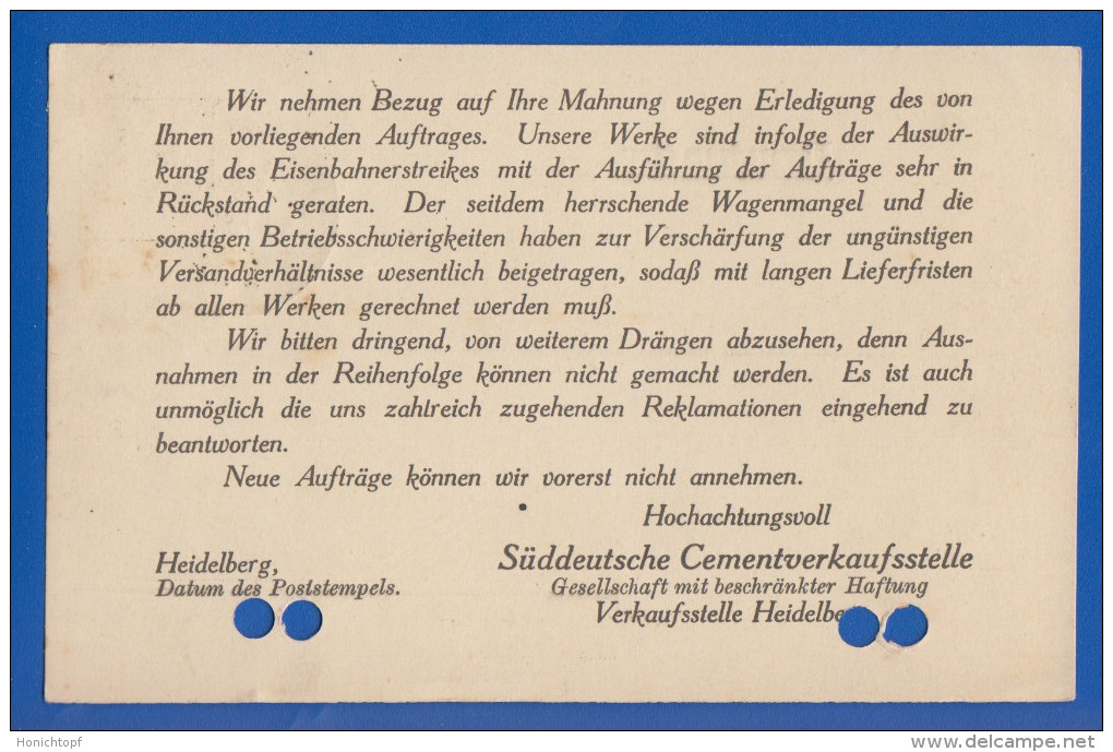 Deutschland; DR MiNr. 163; 1922; Drucksache Zementfabrik Heidelberg - Briefe U. Dokumente