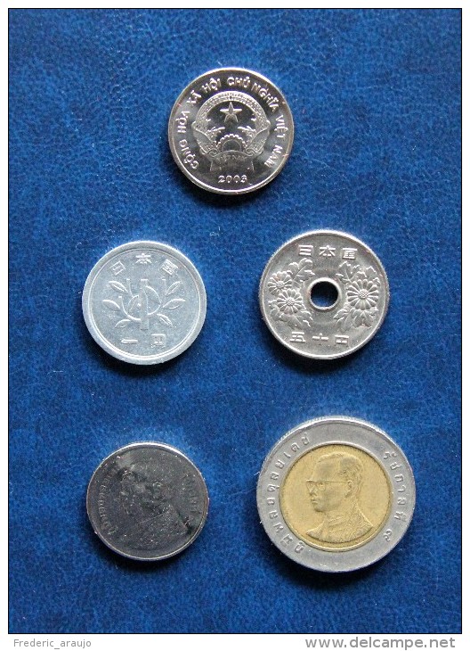 Lot De 5 Pièces Asie : 200 Dongs (Viêtnam), 1 Yen (Japon), 50 Yens (Japon), 1 Bath (Thaïlande), 10 Baths (Thaïlande) - Lots & Kiloware - Coins