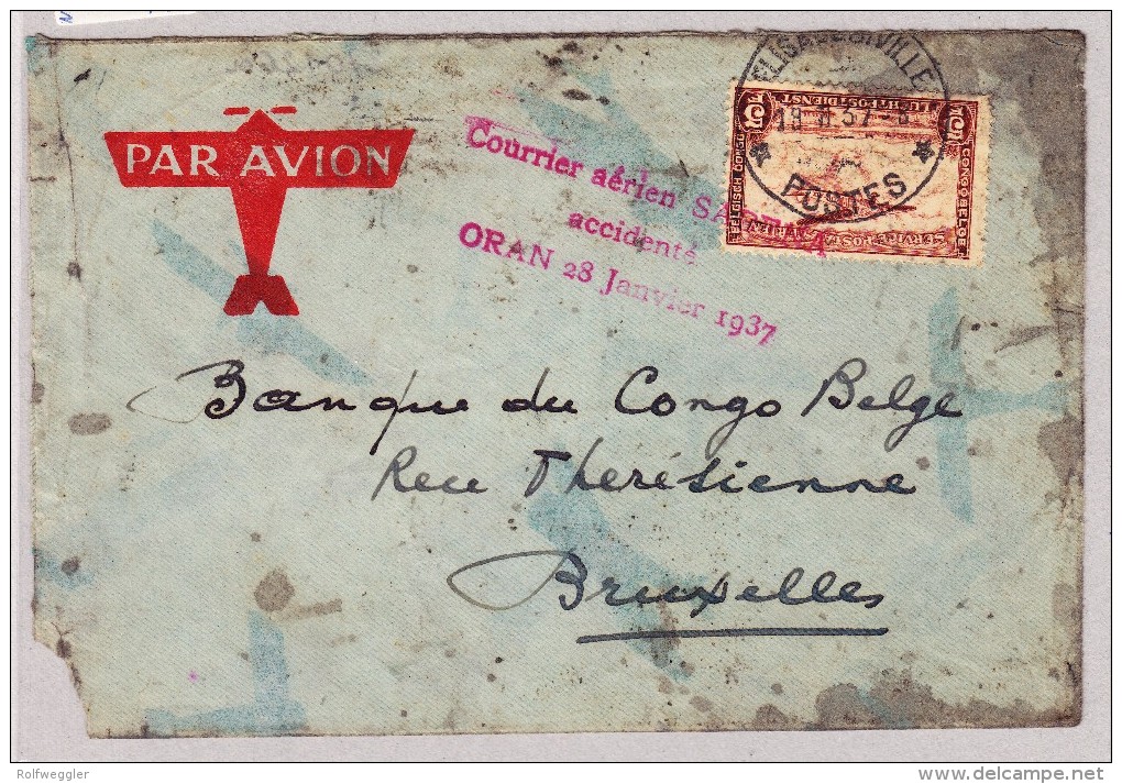 Congo Belge - Poste Aérienne - Lettre Accidentée à Oran Le 28 Janvier 1937 - Lettres & Documents