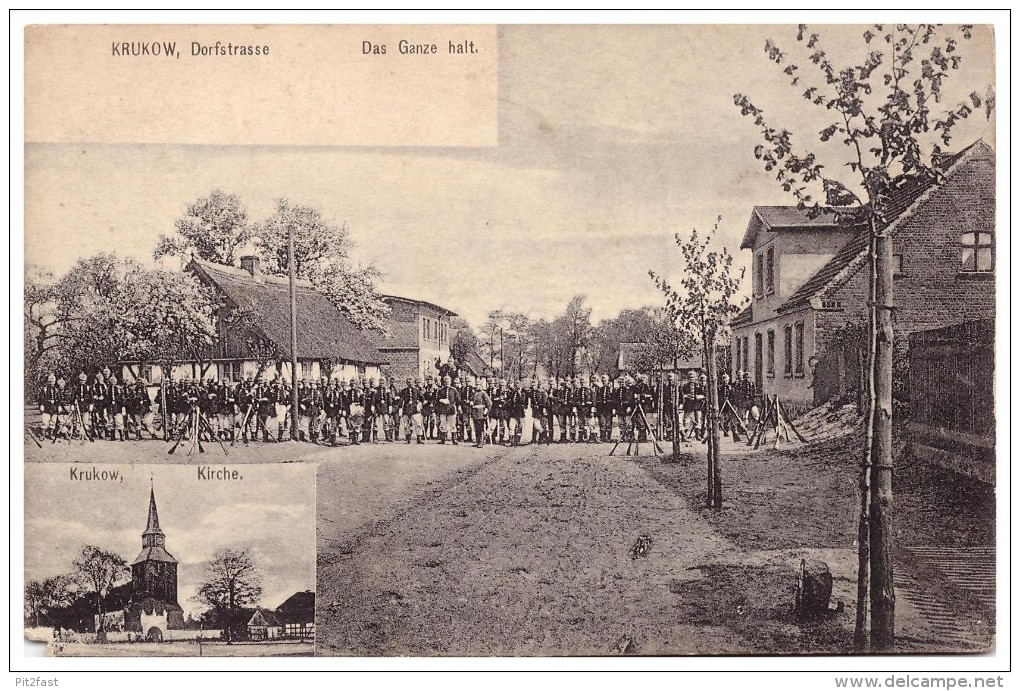 Alte AK - Krukow , Dorfstrasse Und Kirche , Das Ganze Halt - Militär , Ca. 1908 , Stettin !!! - Westpreussen