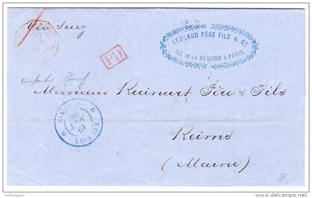 Ile De La Réunion Lettre Du 16.8.1866 Pour Reims - Lettres & Documents