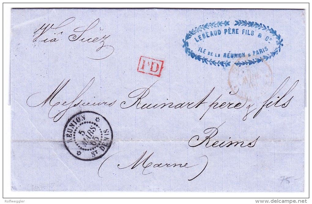 Ile De La Réunion Lettre Du 5.3.1865 Pour Reims - Storia Postale