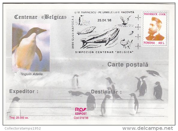 12054- BELGICA ANTARCTIC EXPEDITION, SHIP, PENGUINS, WHALE, POSTCARD STATIONERY, 1998, ROMANIA - Antarctic Expeditions