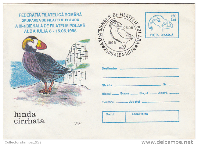 12060- ARCTIC WILDLIFE, TUFTED PUFFIN, COVER STATIONERY, 1996, ROMANIA - Fauna ártica