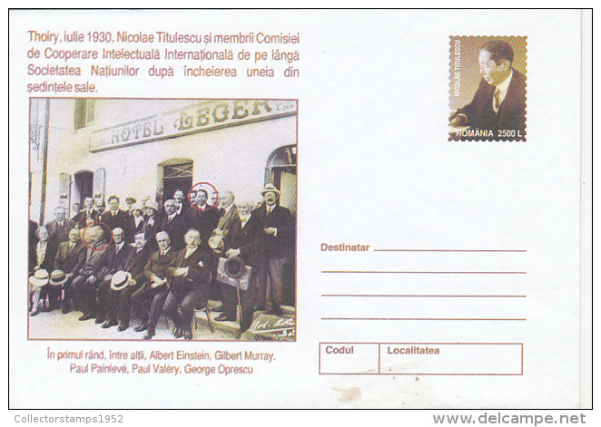 12071- ALBERT EINSTEIN, SCIENTIST, NICOLAE TITULESCU, COVER STATIONERY, 2002, ROMANIA - Albert Einstein