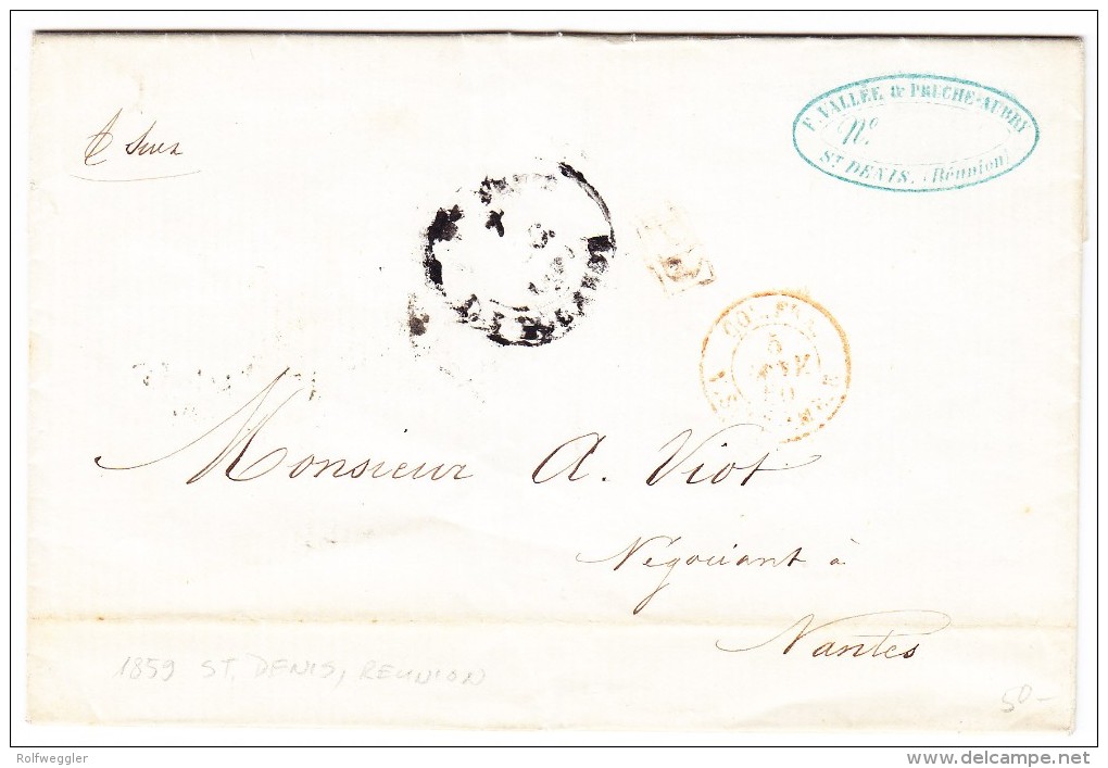 Ile De La Réunion St. Denis Lettre Avec Contenu Du 1.12.1859 Pour Nantes - Autres & Non Classés