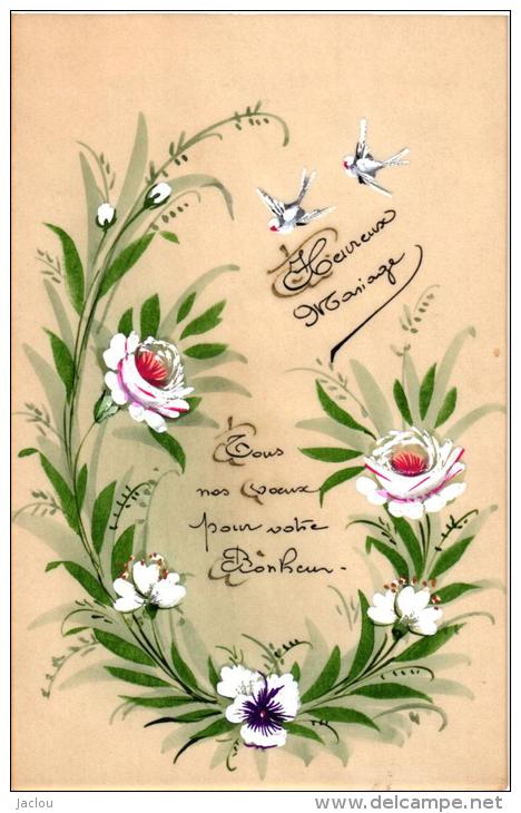 CARTE PEINTE STYLE CELLULOIDE ,"HEUREUX MARIAGE " ,FLEURS COLOMBE ,COULEUR A  VOIR !!   41920 - Otros & Sin Clasificación