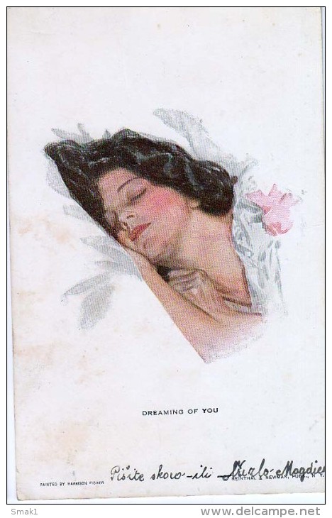 AK KÜNSTLERKARTE MÄDCHEN  SIGNIERT KARTE: Harrison Fisher : DREAMING OF YOU , Nr.252.ALTE POSTKARTE 1914 - Fisher, Harrison