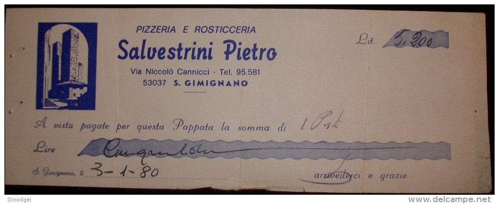 RICEVUTA DI RISTORANTE 1980 "SALVESTRINI PIETRO " PAGATE A VISTA QUESTA PAPPATA... - Fatture