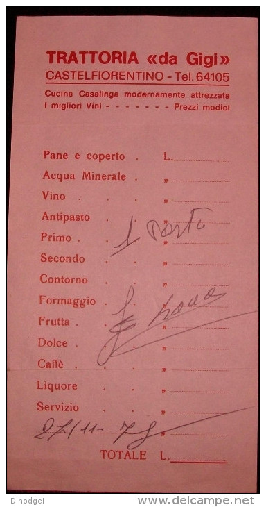 RICEVUTA DI RISTORANTE1978  " DA GIGI " - Fatture