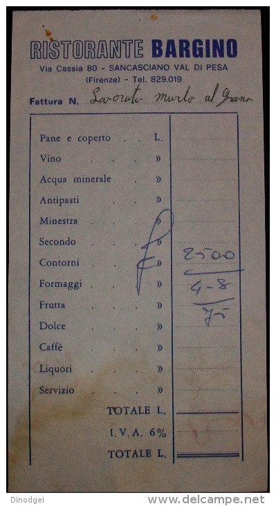 RICEVUTA DI RISTORANTE1975  "IL BARGINO " - Rechnungen