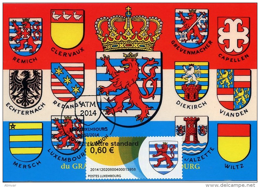 LUXEMBOURG (2014) - Carte Maximum Card - ATM - Armoiries Du Grand-Duché / Coat Of Arms / Escudo De Armas / Wappen - Automatenmarken