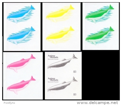 ANTIGUA BARBUDA 1983 Whales Spectacled Porpoise $3 PROGRESSIVE PAIR PROOFS:2x5 Items - Baleines