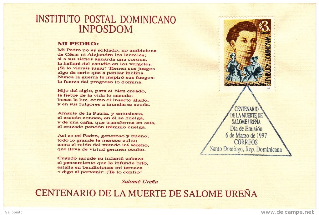 DOMINICAN SALOME URENA POET Sc 1246 FDC 1997 - Dominikanische Rep.