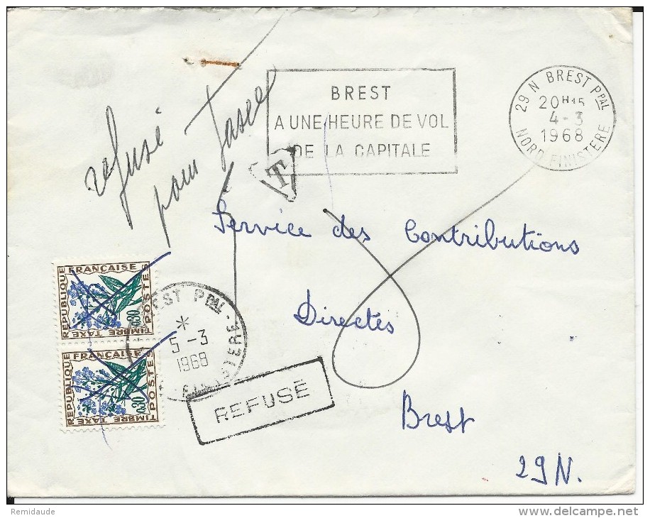 1968 - TAXE FLEURS De 0.6 Sur ENVELOPPE De BREST (FINISTERE)  - REFUSE - 1960-.... Storia Postale