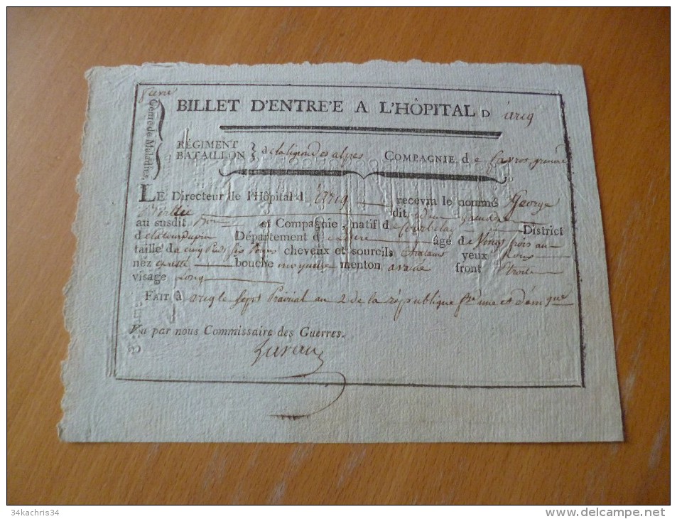 Rare Billet D'entrée à L’hôpital D'Arig. Régiment De La Ligne Des Alpes. Grenadier Berllié. Révolution 7 Prairial An 2 - Documentos