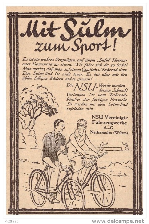 Original Werbung - 1928 - NSU Fahrzeugwerke , Neckarsulm , Fahrrad , Fahrräder , Sulm , Oldtimer !! - Sonstige & Ohne Zuordnung