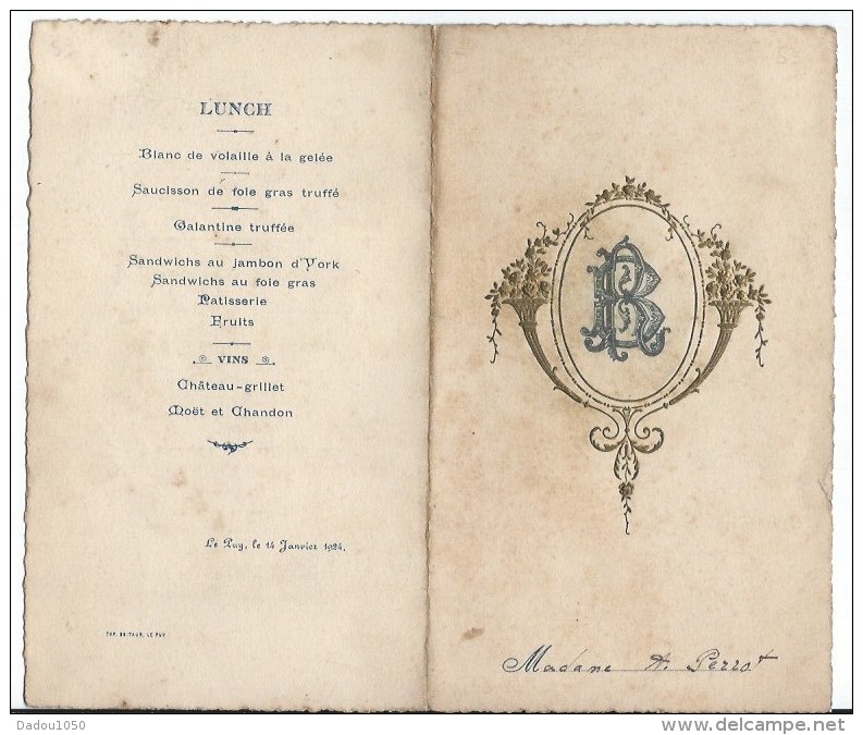 MENU 14 Janvier 1924 Le Puy - Menus