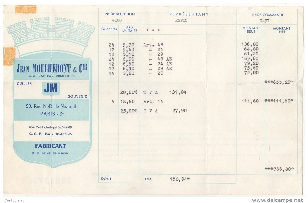 75 PARIS  FACTURE 1966 Souvenir Cuiller JM Jean MOUCHERONT & Cie Fabricant     - B27 - 1950 - ...
