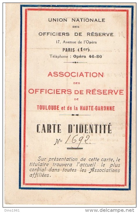 VP1314  - MILITARIA - PARIS -  Carte De L'Association Des Officiers De Réserve De TOULOUSE - Carte D' Identité - Autres & Non Classés