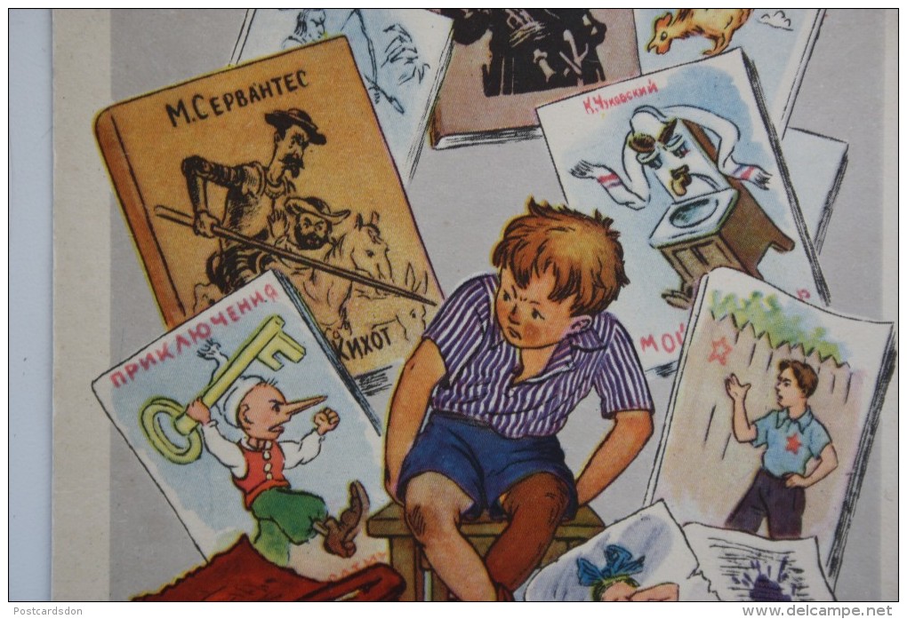 Don Quijote De La Mancha And Other Book Characters Pinocchio). Old USSR Postcard. 1956 - Rare! - Autres & Non Classés