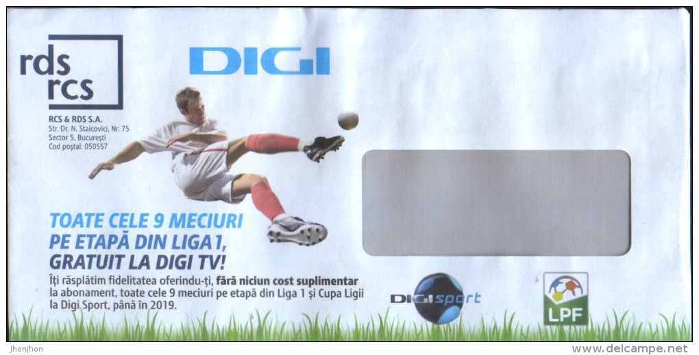 Romania - Envelope Advertising With Football - Free Digi TV Broadcasts Premier League - Brieven En Documenten