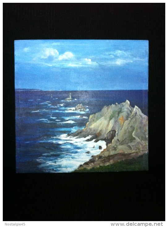 Paysage Marin : Pointe Du Raz, Phare De La Vieille - Acrylique Sur Toile Lin-chanvre - Chassis 33 X 46 Cm - Acrilicos