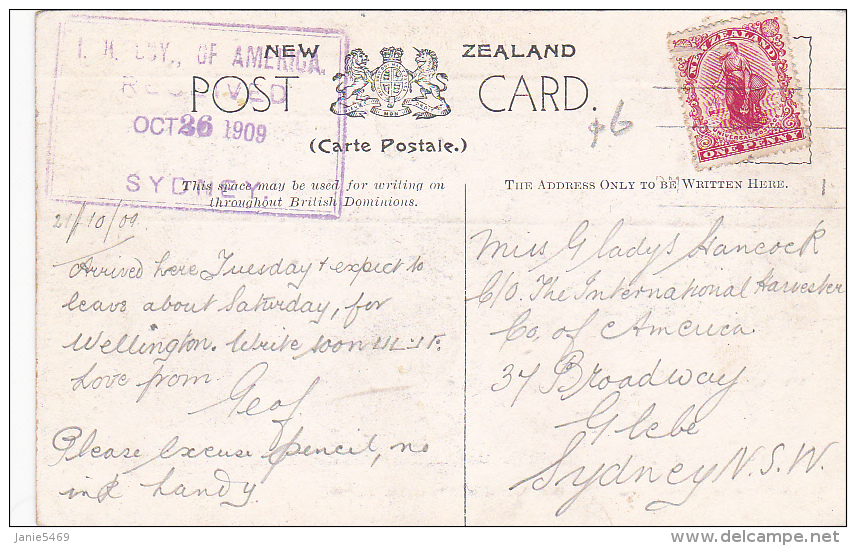 New Zealand 1909 Postcard Sent To Sydney - Postal Stationery