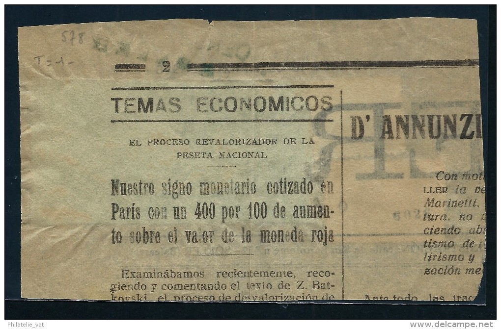 ESPAGNE - FRAGMENT DE JOURNAL AVEC CENSURE  DE SOLLER  1938  PEU FREQUENT SUR CE TYPE DE DOCUMENT   A VOIR - Marcas De Censura Republicana