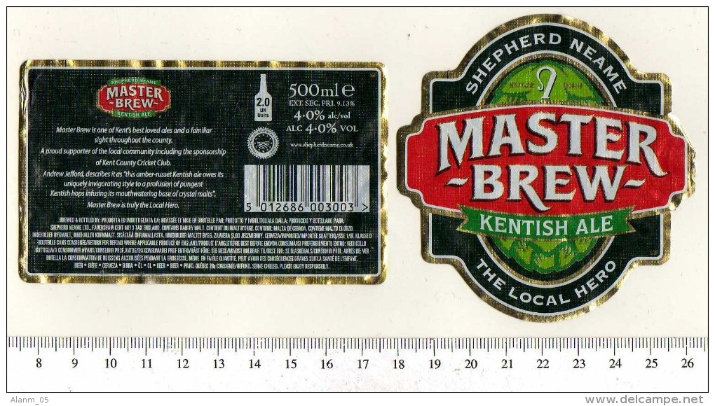 UK Beer Label - Shepherd Neame Brewery - Kent - Master Brew Kentish Ale - Beer