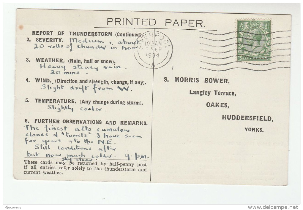 1934 LIVERPOOL GB GV Stamps COVER Postcard METEOROLOGY Report WEATHER STATION H383 Re THUNDERSTORM - Climate & Meteorology