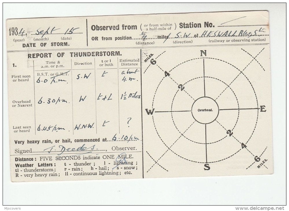 1934 LIVERPOOL GB GV Stamps COVER Postcard HESWALL METEOROLOGY Report WEATHER STATION Re THUNDERSTORM - Brieven En Documenten