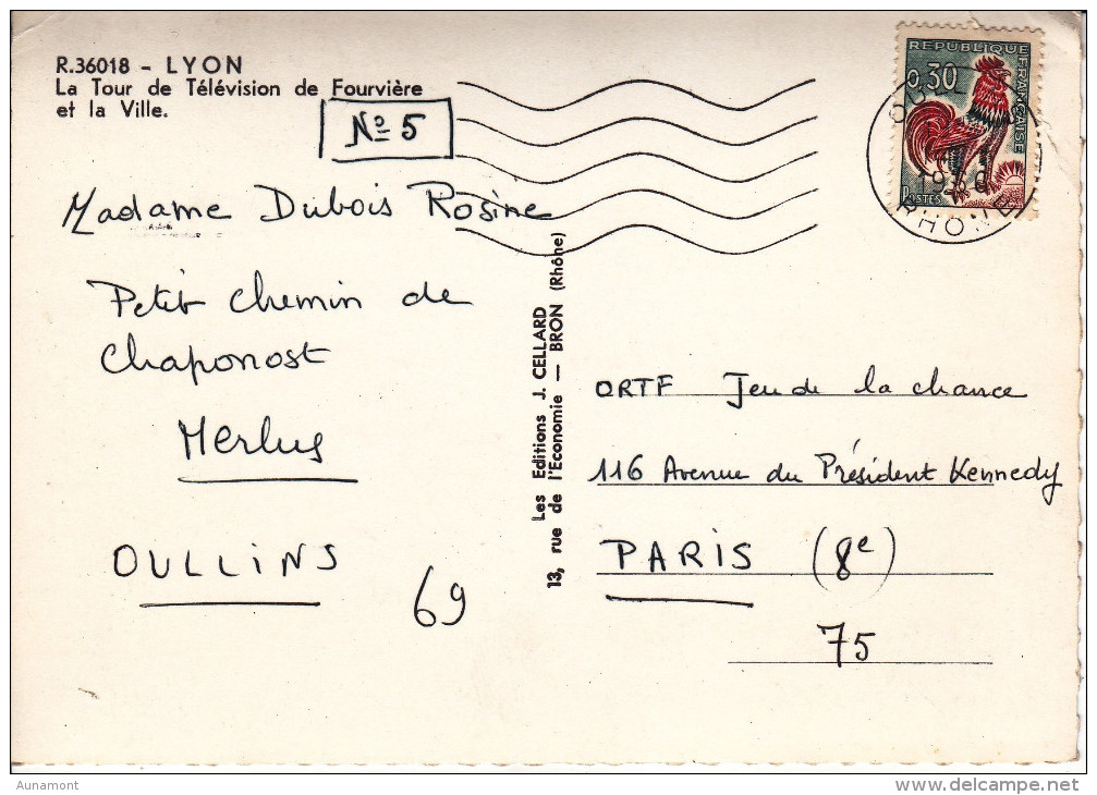 Francia-Lyon--La Tour De Television De Fourviere Et La Ville--1966--Cachet-Oullins-Rhone - Lyon 1