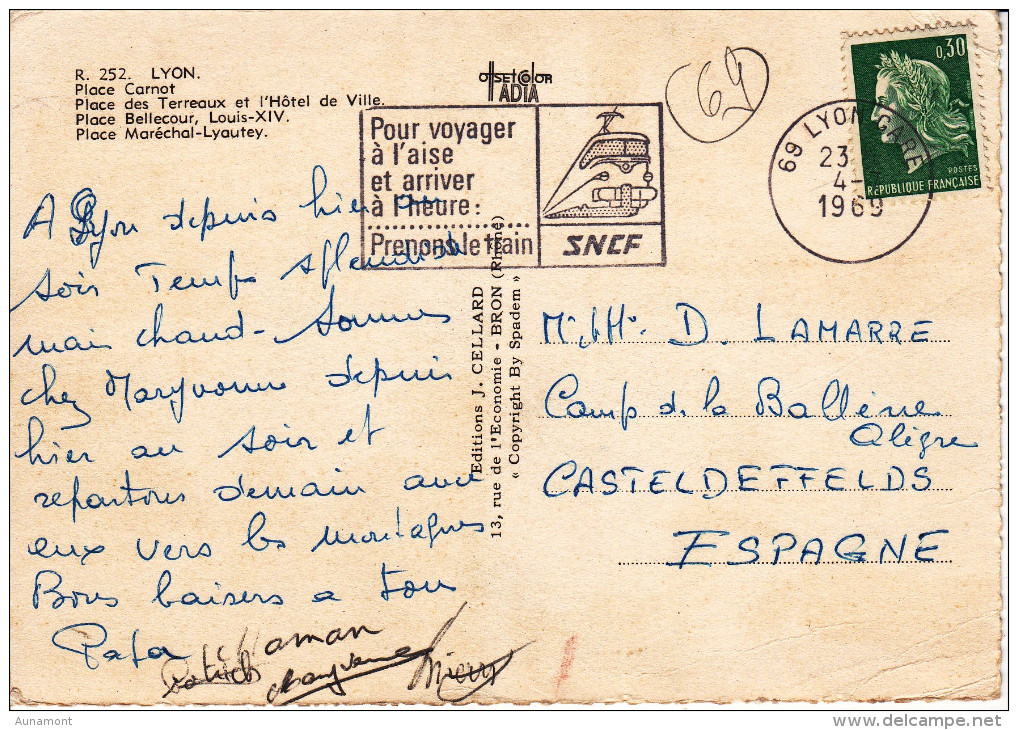 Francia-Lyon--Places-Carnot,Des Terreaux,Bellecour Et Marechal Lyautey--1969--Cachet-Lyon,Gare - Lyon 2