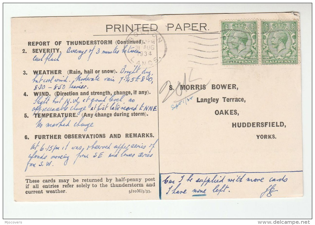 1934 BOLTON GB GV Stamps COVER Postcard METEOROLOGY Report WEATHER STATION Re THUNDERSTORM - Climate & Meteorology