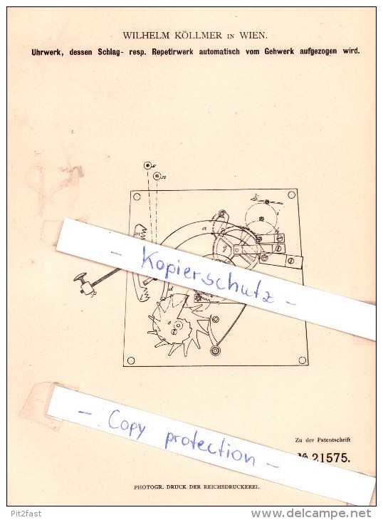 Original Patent - Wilhelm Köllmer In Wien , 1882 , Uhrwerk , Uhren , Uhrmacher  !!! - Documentos Históricos