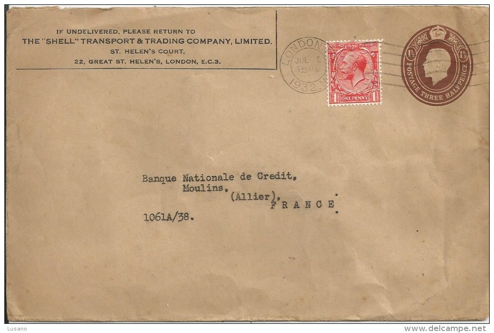 Entier Postal 1932 - Three Halfpence Avec Timbre One Penny - De Londres à Moulins - Stamped Stationery, Airletters & Aerogrammes