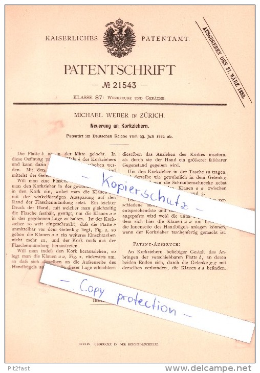 Original Patent -  Michael Weber In Zürich , 1882 ,  Korkenzieher !!! - Tire-Bouchons/Décapsuleurs