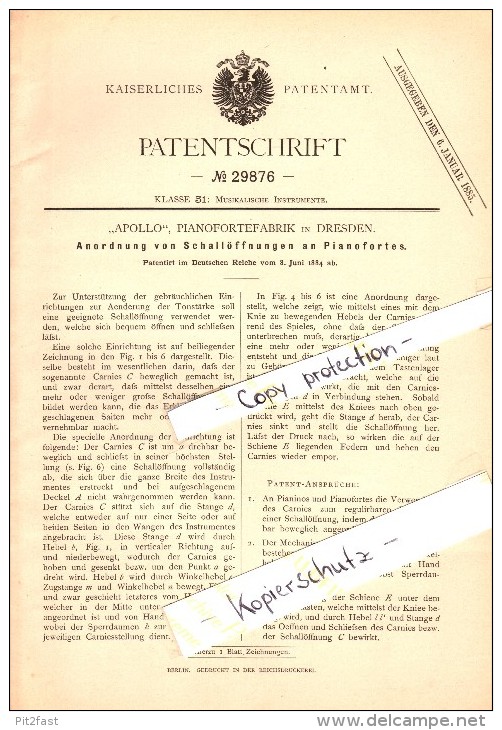 Original Patent - "Apollo" Pianoforte-Fabrik In Dresden , 1884 , Schallöffnungen An Pianofortes , Piano , Klavier !!! - Musical Instruments