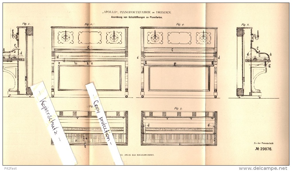 Original Patent - "Apollo" Pianoforte-Fabrik In Dresden , 1884 , Schallöffnungen An Pianofortes , Piano , Klavier !!! - Instruments De Musique