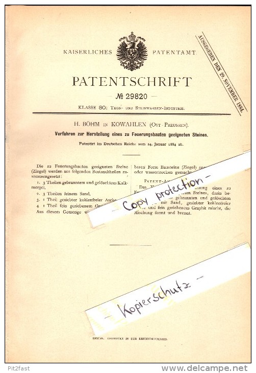 Original Patent - H. Böhm In Kowahlen / Kowale Oleckie I. Ostpreussen , 1884 , Feuerfester Stein , Ziegelei , Olecko !!! - Ostpreussen