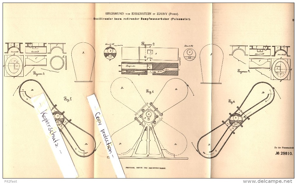 Original Patent - Siegismund Von Ehrenstein In Zduny , 1884 , Oszilierender Dampfwasserheber !!! - Ostpreussen