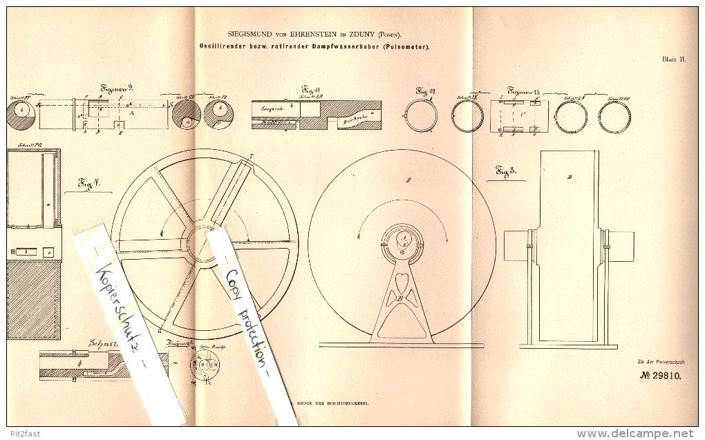 Original Patent - Siegismund Von Ehrenstein In Zduny , 1884 , Oszilierender Dampfwasserheber !!! - Ostpreussen