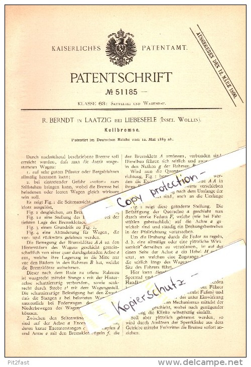 Original Patent - R. Berndt In Laatzig B. Liebeseele , Insel Wollin , 1889 , Keilbremse , Laska , Wolin !!! - Ostpreussen