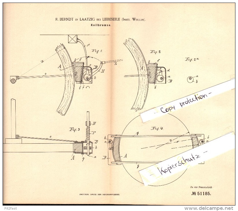Original Patent - R. Berndt In Laatzig B. Liebeseele , Insel Wollin , 1889 , Keilbremse , Laska , Wolin !!! - Ostpreussen