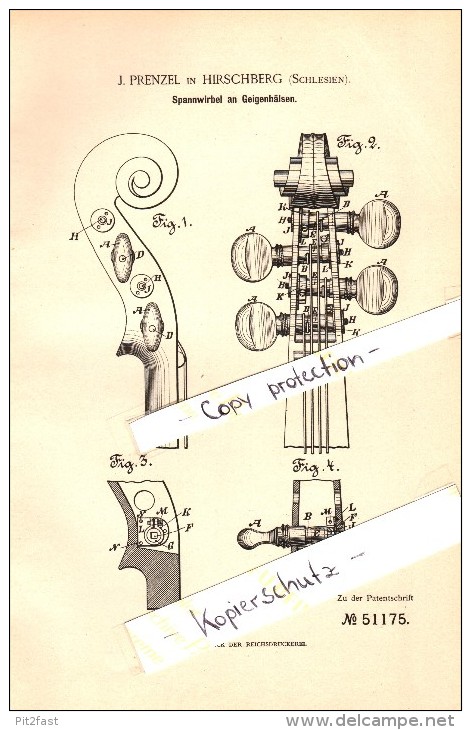 Original Patent - J. Prenzel In Hirschberg / Jelenia Góra , 1889 , Spannwirbel An Geigen , Geige , Violine , Musikalien - Musikinstrumente