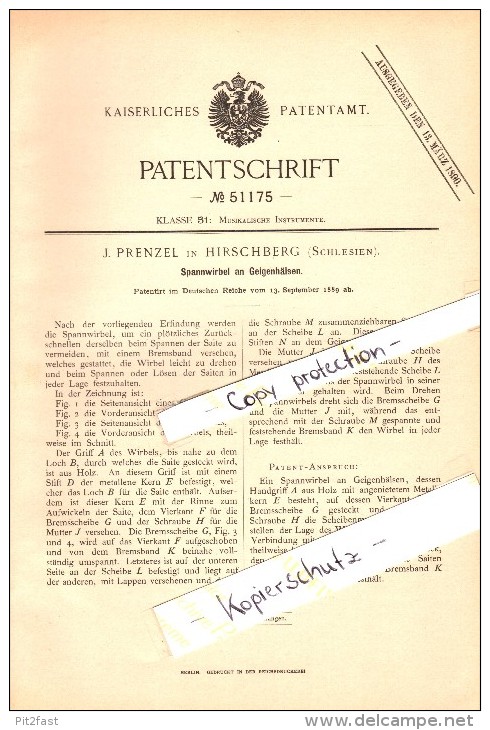 Original Patent - J. Prenzel In Hirschberg / Jelenia Góra , 1889 , Spannwirbel An Geigen , Geige , Violine , Musikalien - Musikinstrumente