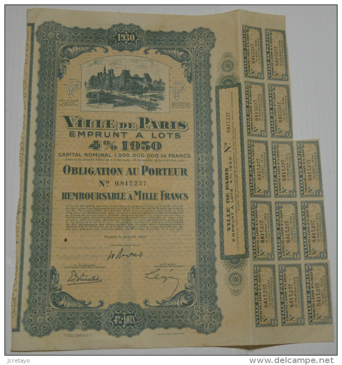 Ville De Paris, Emprunt 4% 1930 - Banque & Assurance