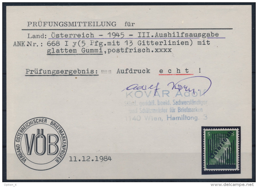 **Österreich Austria 1945 ANK 668 Iy Mi 668 Ib 13 Gitterlinien Glatter/smooth Gummi + Attest Signed Kovar (2 Scans) MNH - Ungebraucht